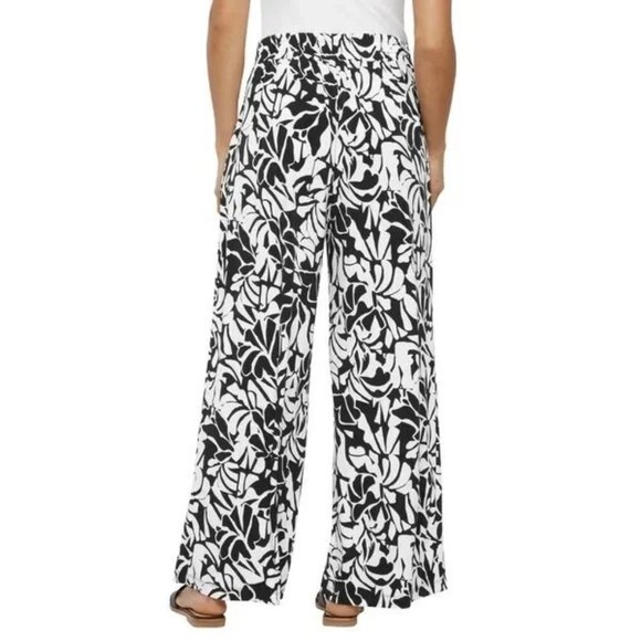 NWO Three Dots Loose-Fit Black & White Leaf Print Flare Leg Pants XL Polyester - Picture 2 of 11